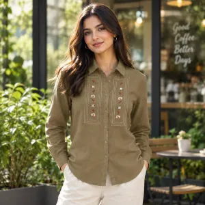 شومیز زنانه گلدوزی‌شده خاکی